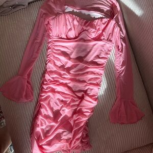 Pink Ruched Long Sleeve Mini Dress